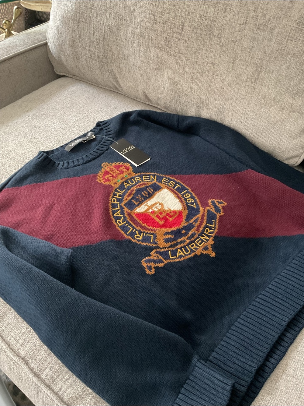 Ralph Lauren Navy Crewneck Sweater with Burgundy Diagonal Stripe & Crest - Picture 5 of 13